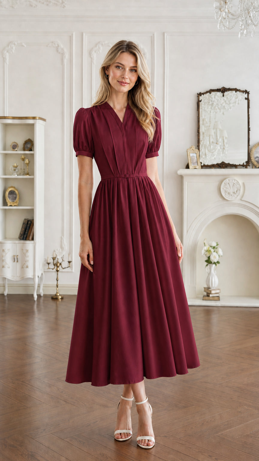 Front view of burgundy red short sleeve pleated V-neck midi dress