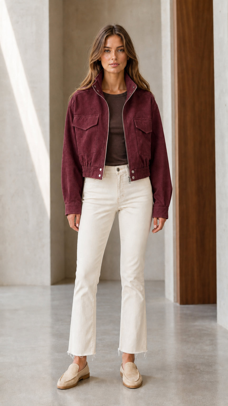 Front full-length view of model wearing Burgundy cropped utility jacket
