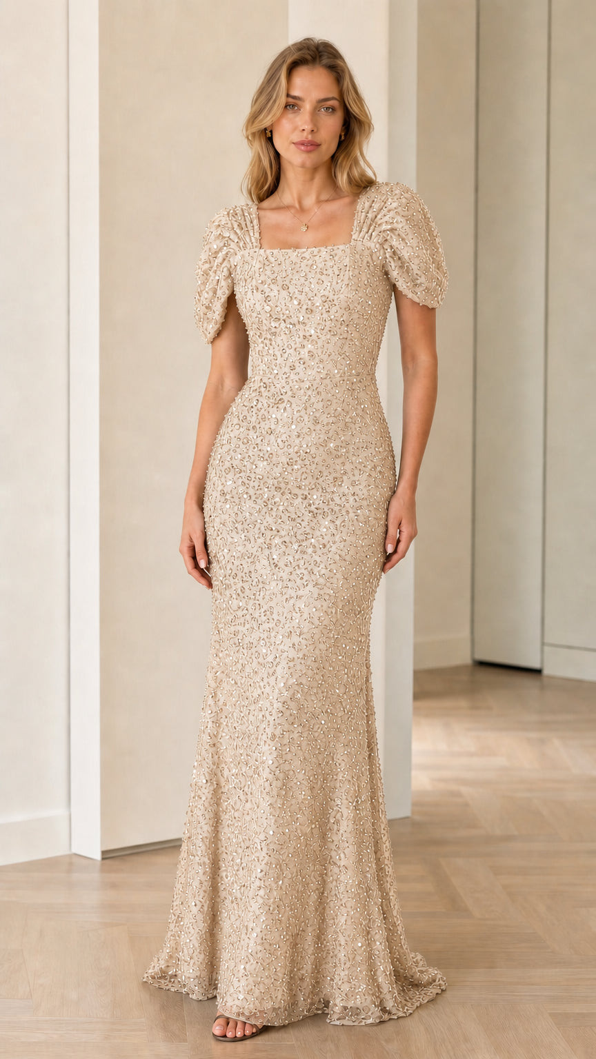 Front view of model wearing champagne gold sequin maxi dress