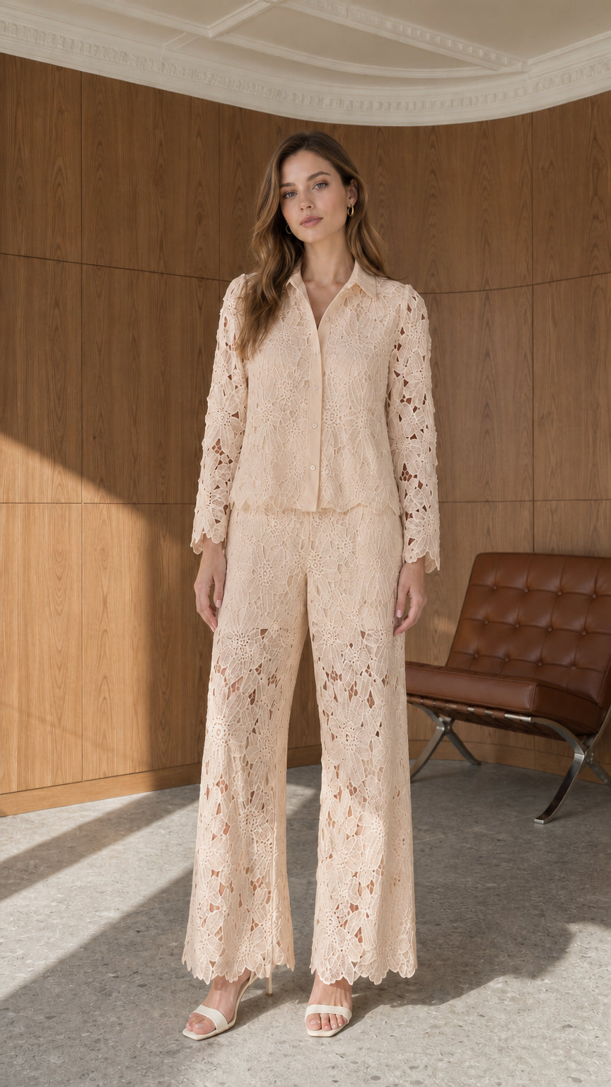 Front full view of beige champagne floral lace shirt and wide leg trousers set