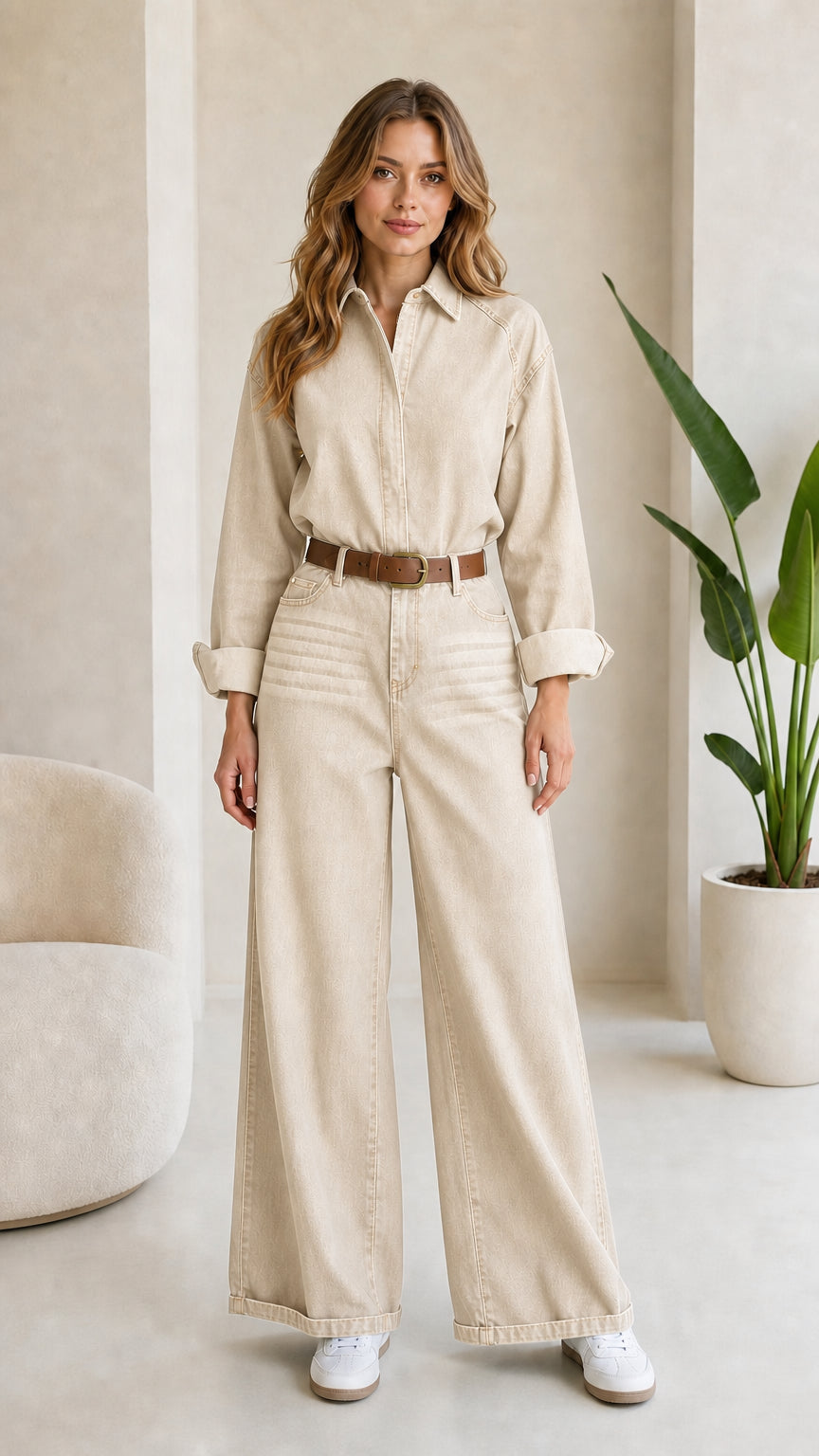 Woman wearing Beige cream collared wide leg denim jumpsuit