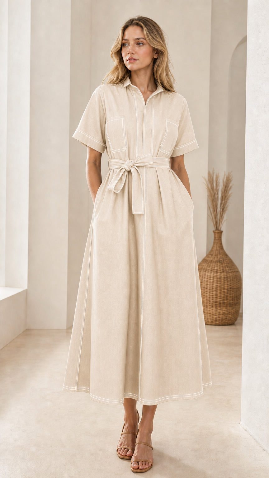 Front view of woman wearing beige short sleeve contrast stitch belted midi shirt dress