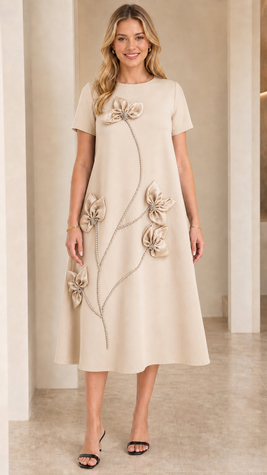 Front view of Beige cream short-sleeve A-line midi dress with 3D floral appliqués