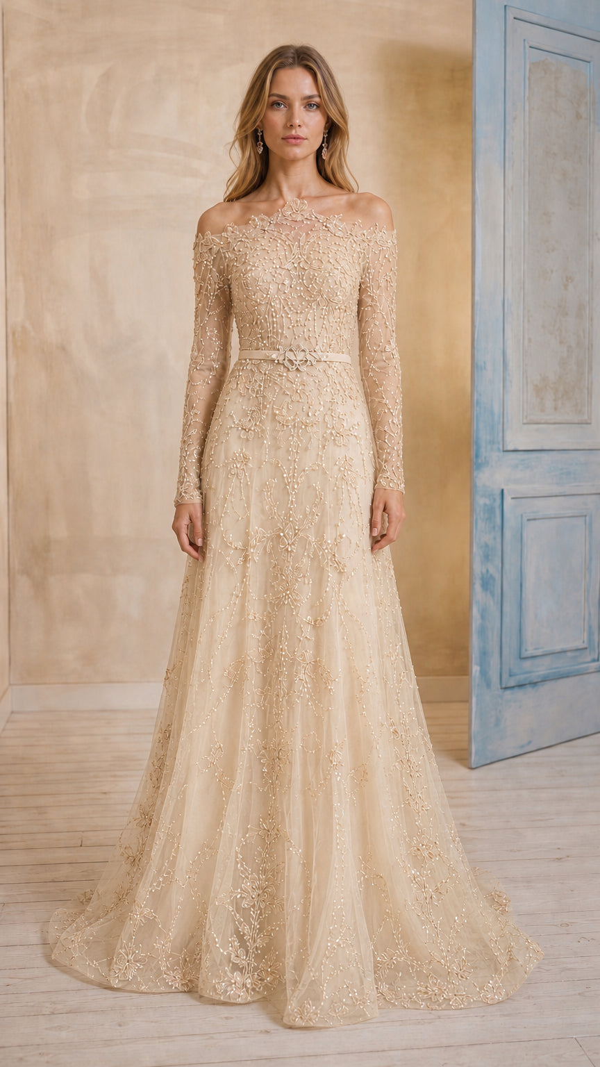 Champagne gold off-the-shoulder long sleeve beaded formal evening gown