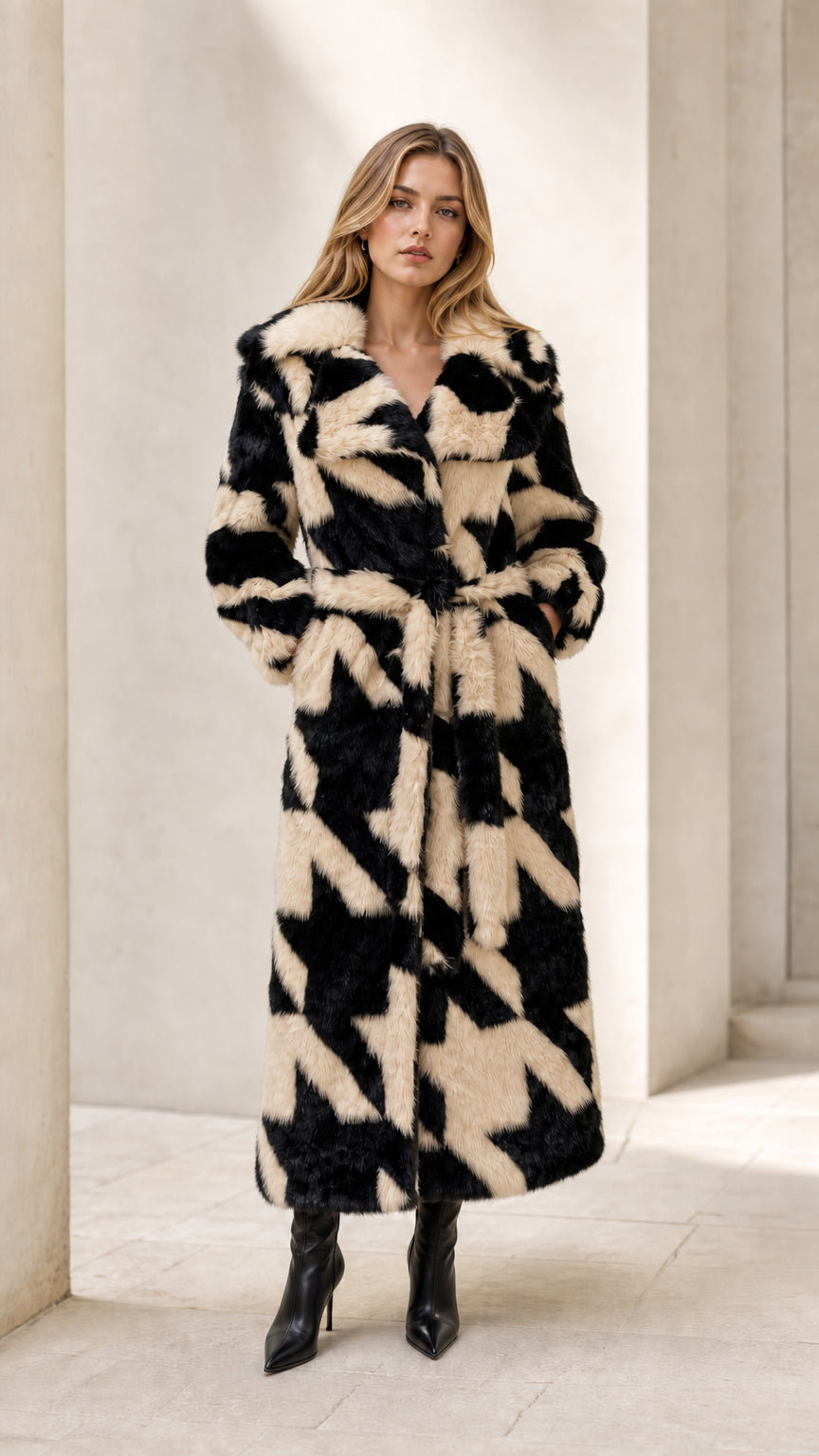 Full-length beige and black houndstooth long faux fur coat with tie belt