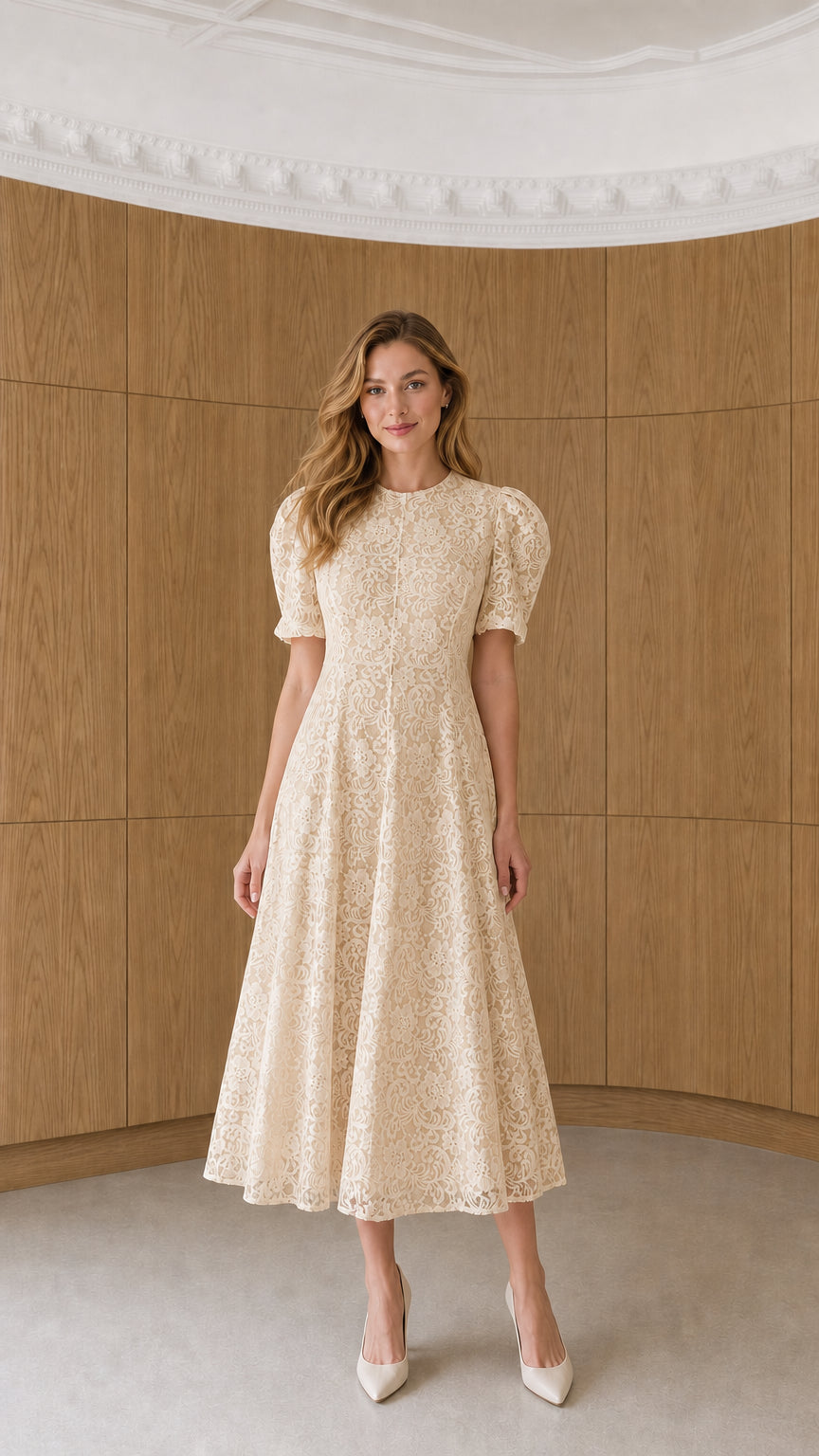 Full-length view of model wearing champagne beige floral lace puff sleeve midi dress