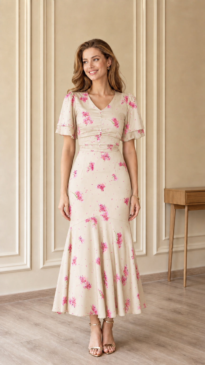 Cream floral V-neck flutter sleeve mermaid midi dress on model