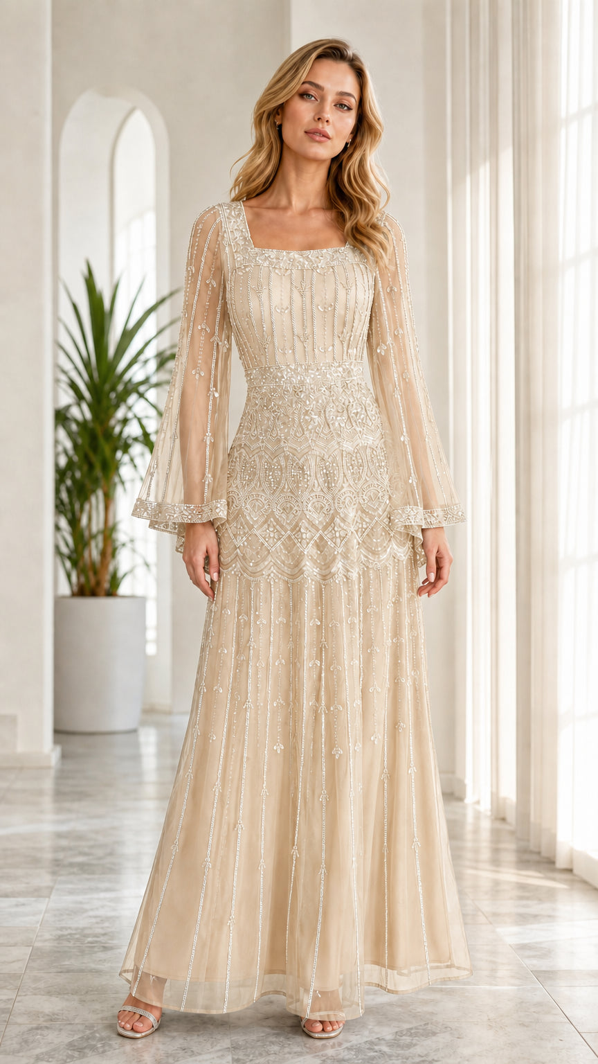 Model wearing champagne gold beaded long sleeve evening gown