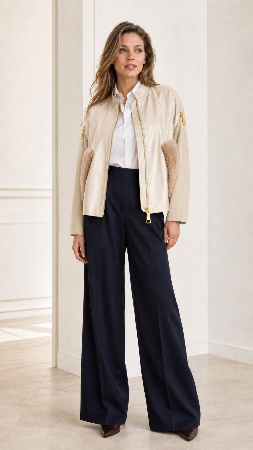 Full outfit view of woman wearing the Cream faux leather bomber jacket