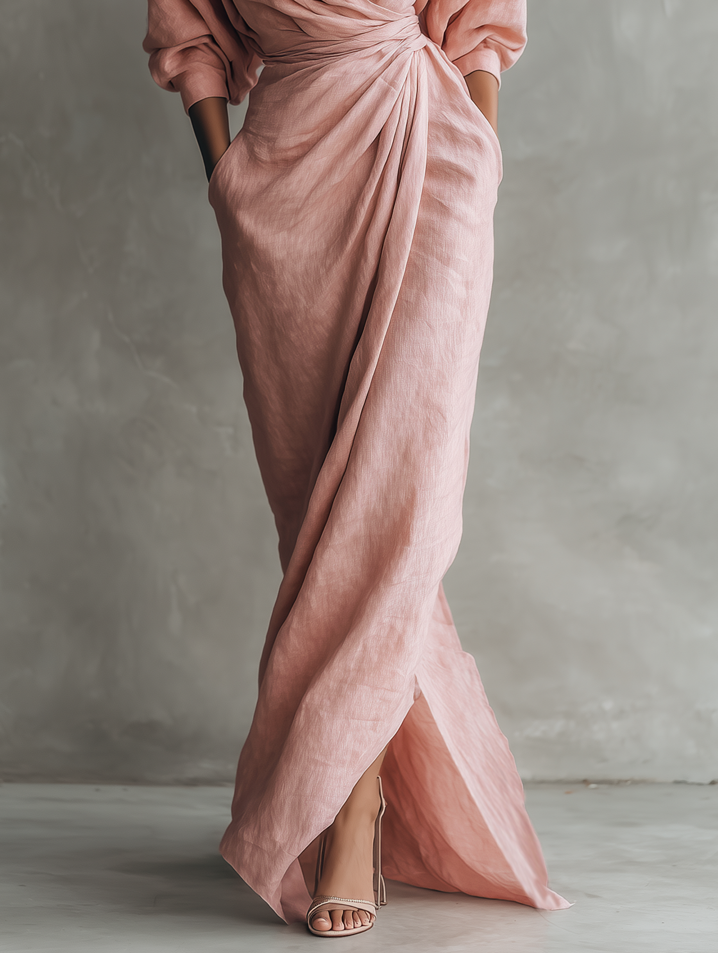 Women's Pink Minimalist V-neck Linen Blend Maxi Dress MDA1655L0Y