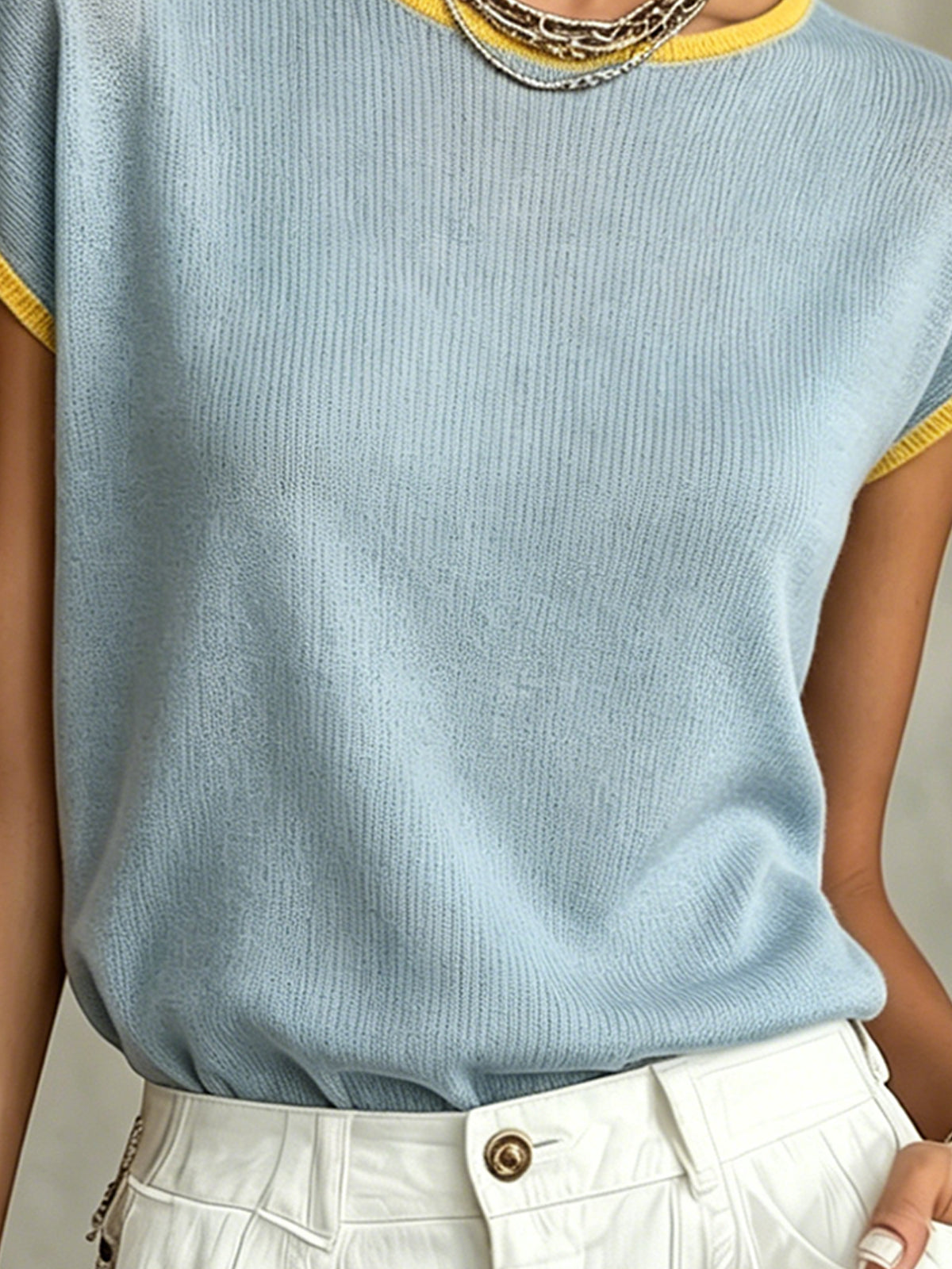 Sky Blue Knit Top with Yellow Trim