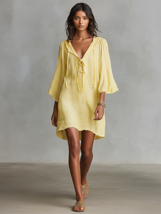 Women's Pale Yellow Flowy Linen Hooded Dress With Three Quarter Fringe Sleeves & Relaxed Fit, Contemporary Versatile Summer Dress MDZ1535F7LYL