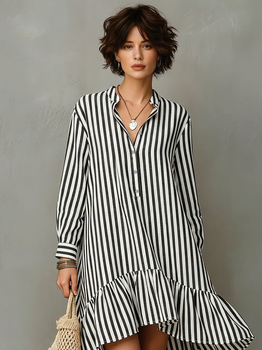 Women's Minimalist Cotton-Blend Long-Sleeve Henley Midi Dress (High-Low Hem) MDZ1697F4WY