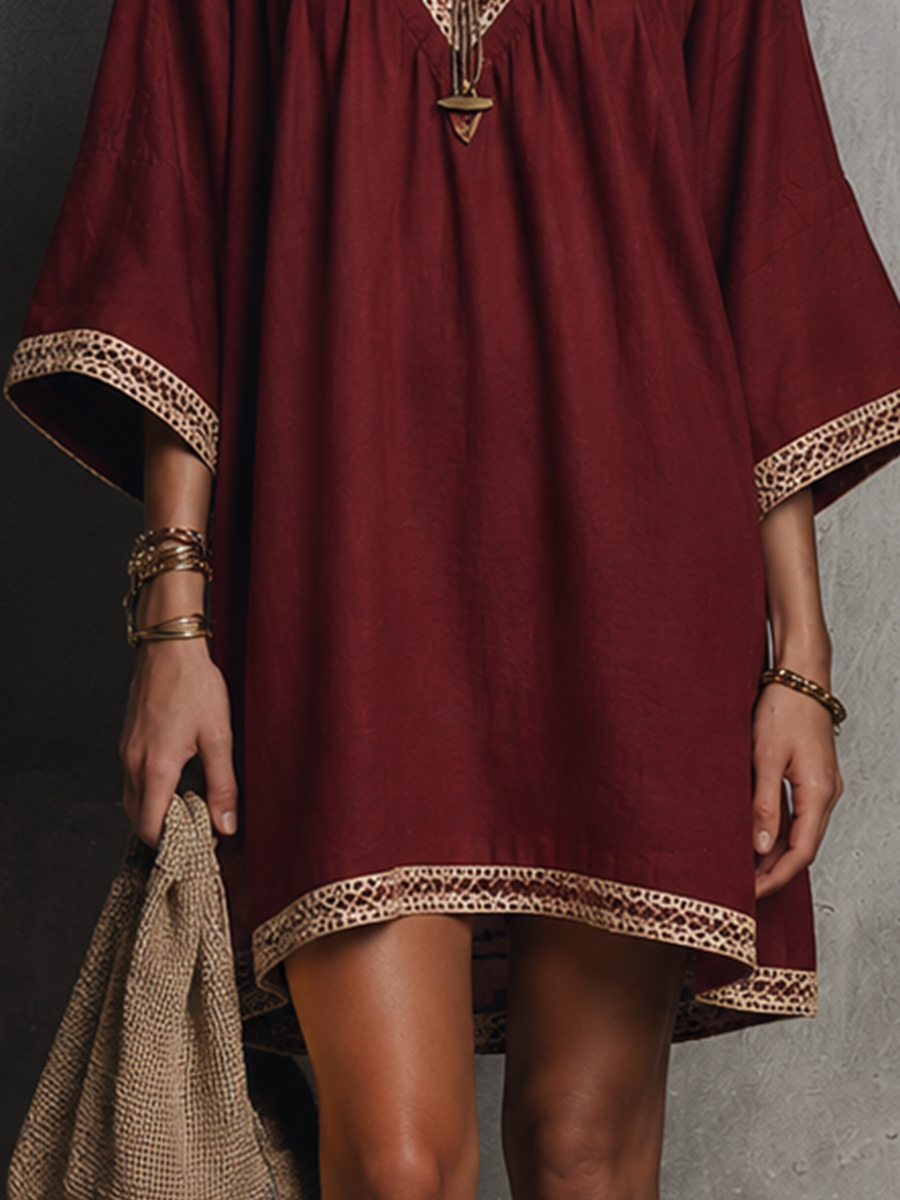 Women's Bohemian Retro Red Cotton Blend Dress With Trimmed V-Neck Loose Fit Mini Dress MDZ1681F7GMJ