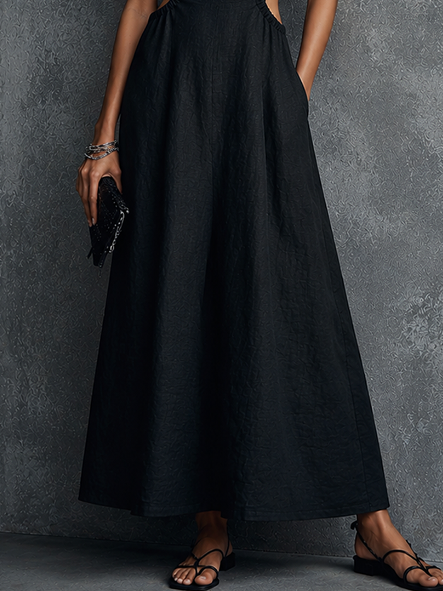 Women's Fashion Black Cotton Linen Halter Neck Hollow-Out Waist Fitted Back Tie Long Dress MDZ1713F6GMJ