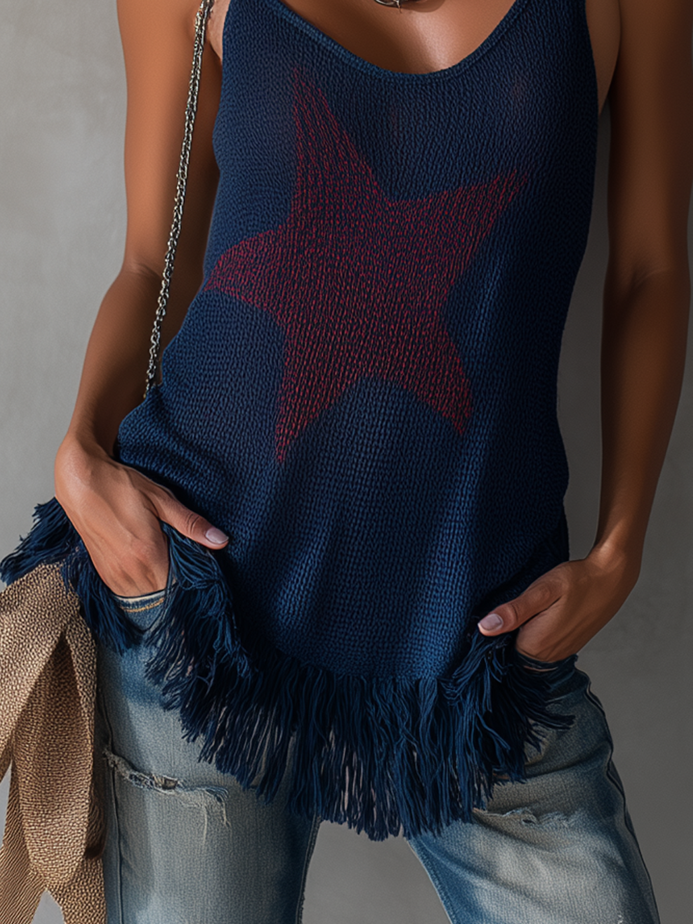 Navy Blue Knit Tank Top With Red Star Pattern And Fringe Hem