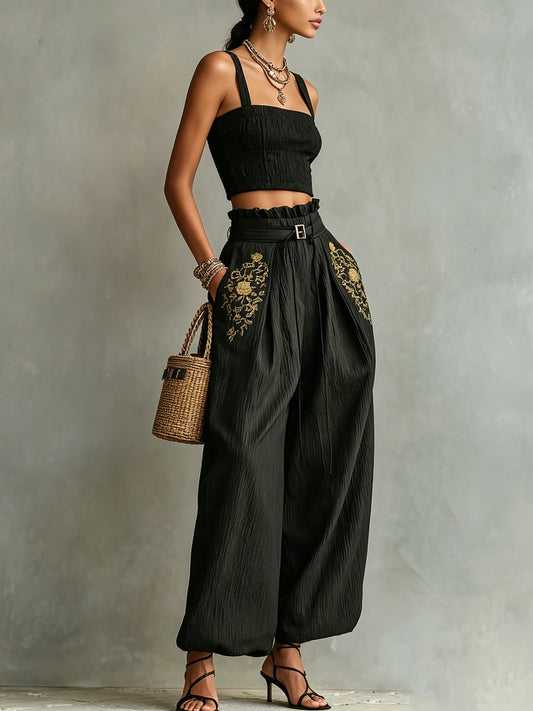 Black Smocked Crop Top & Wide-Leg Belted Pants Set With Embroidered Pockets