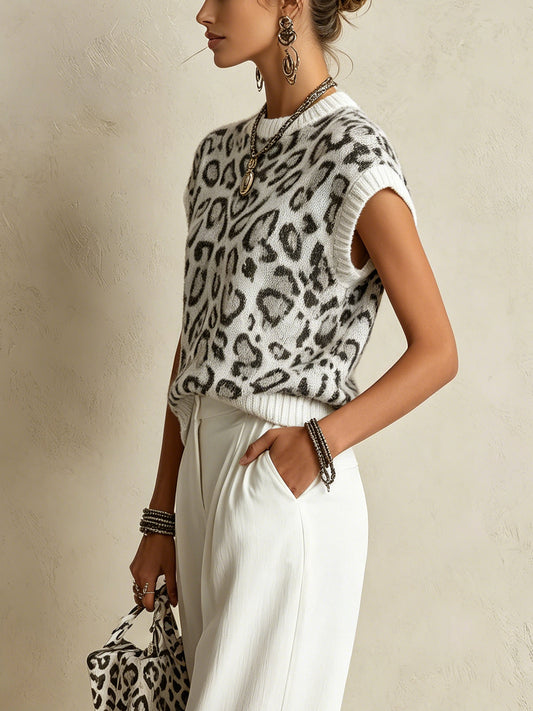 White Leopard Print Knit Sleeveless Top