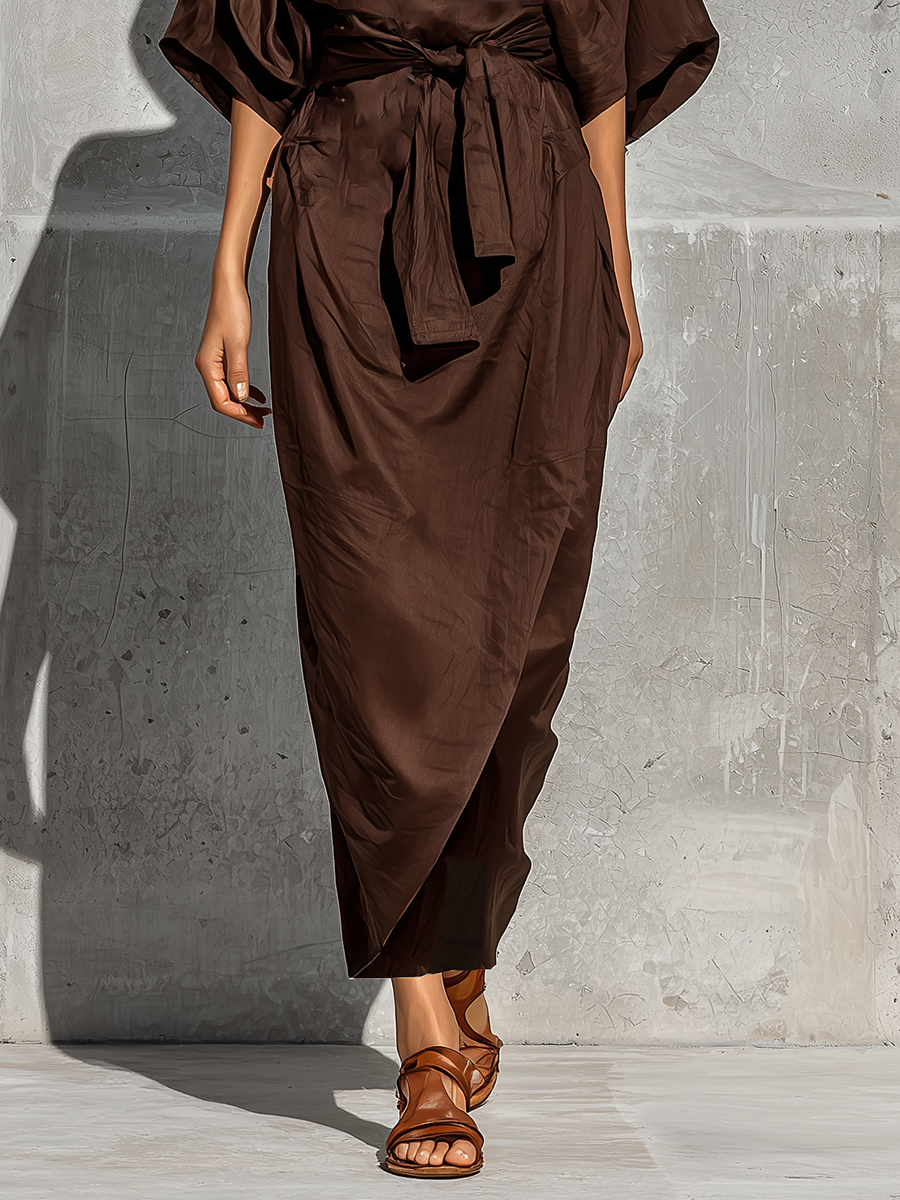 Women’s Chocolate Brown Satin Crew Neck Batwing Short Sleeve Self Tie Waist Wrap Split Midi Dress With Side Pockets MDZ2298F1T