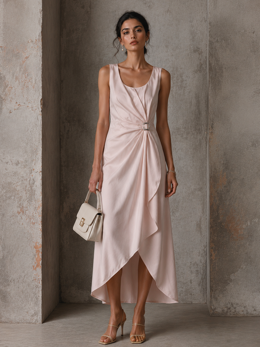Women's Elegant Style Light Pink Cotton Blend Waist Buckle Twist Irregular Slit Sleeveless Midi Dress MDZ2212F3GMJ