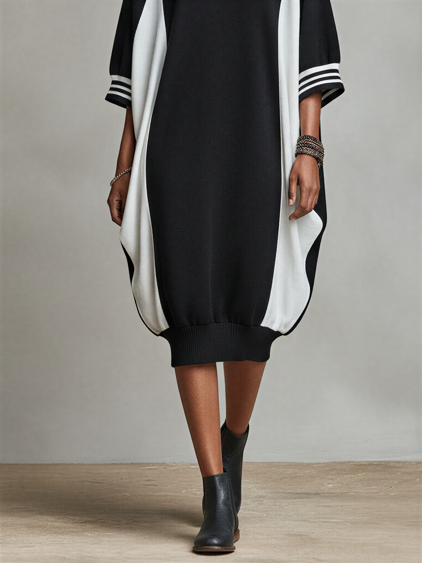 Women's Two-Tone Side Panel Loose Sweatshirt Midi Dress With Striped Trim Neck & Cocoon Silhouette, Versatile Loungewear Shift Dress MDZ2392F9LYL