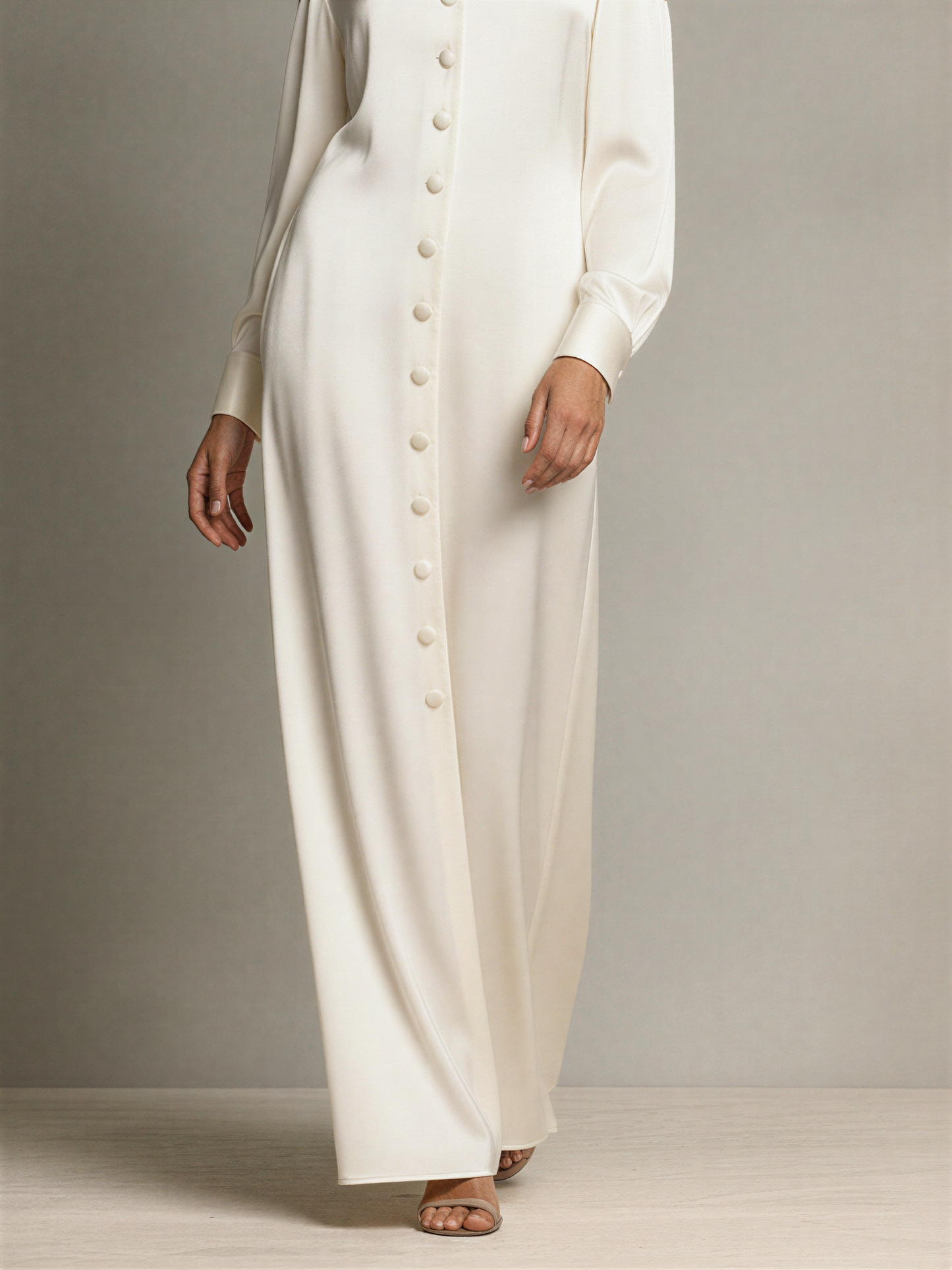 Women's Ivory Silky Satin Shirt Gown With Oversized Lapel Collar & Shoulder Cutout Detail, Minimalist Luxury Elegant Evening Gown MDZ2367F6LYL