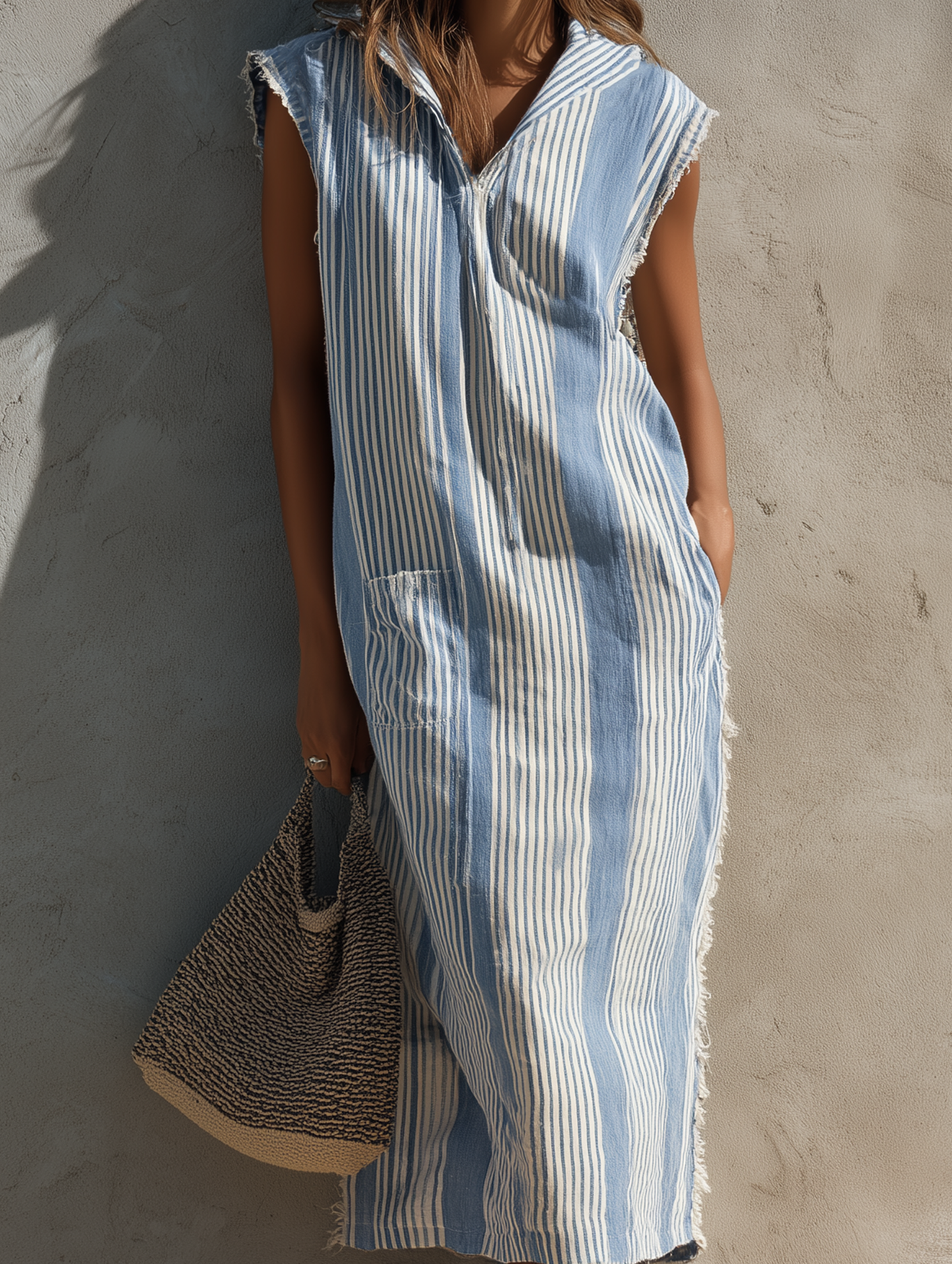 Women's Casual Blue And White Striped Woven Sleeveless Hooded Maxi Dress MDZ2585F1LXY