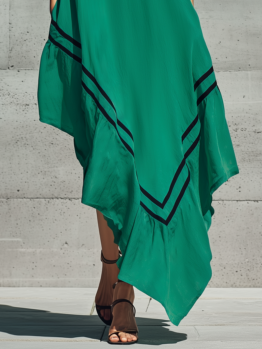 Women’s Emerald Green Stand Collar V Notch Black Contrast Piping Sleeveless Loose Asymmetric Ruffle Hem Maxi Dress MDZ2941F3T