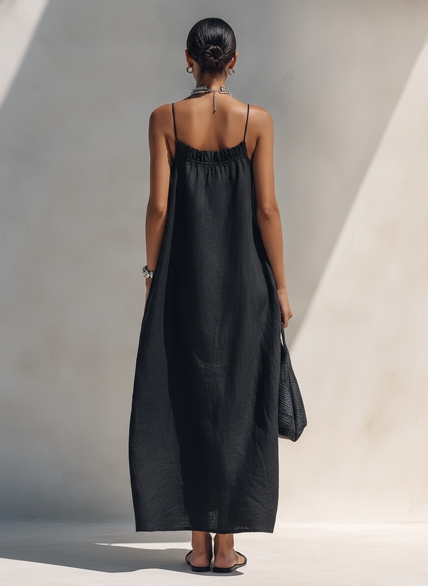 Women's Minimalist Solid Black Ruffle-Neck Maxi Dress With Spaghetti Straps MDZ1738F1ZRK