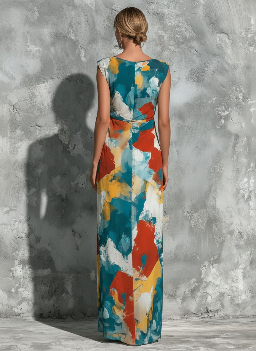 Women’s Abstract Oil Painting Print Round Neck Sleeveless Self Waist Flowy Maxi Dress MDZ2647F9T