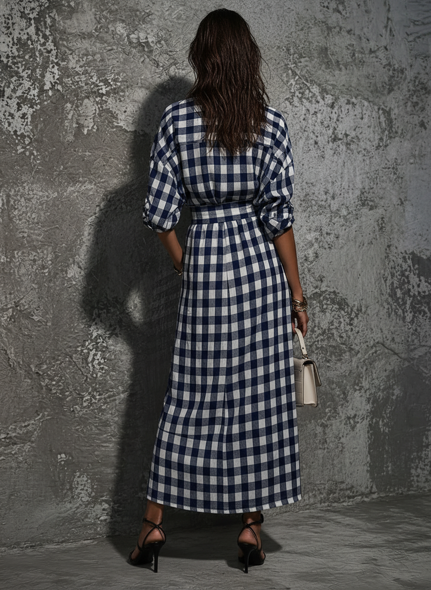 Women's Casual Commuter Style Blue And White Plaid Cotton Belted Front Slit Maxi Shirt Dress MDZ2982D6GMJ