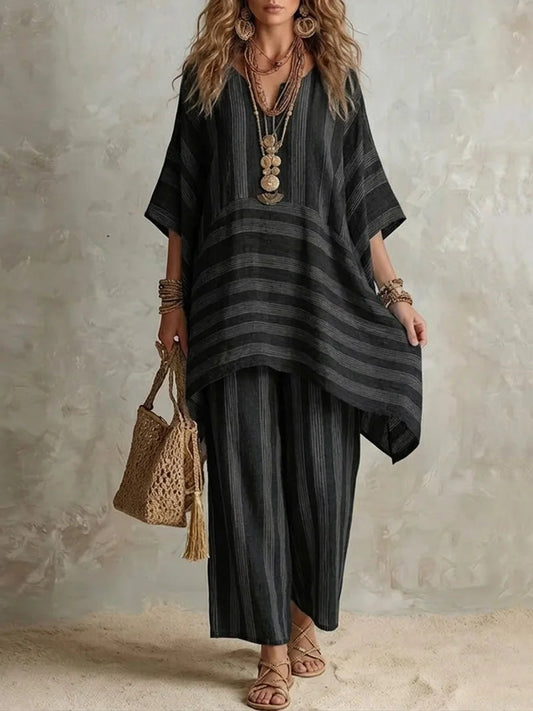Striped Poncho Top & Wide-Leg Pants Set