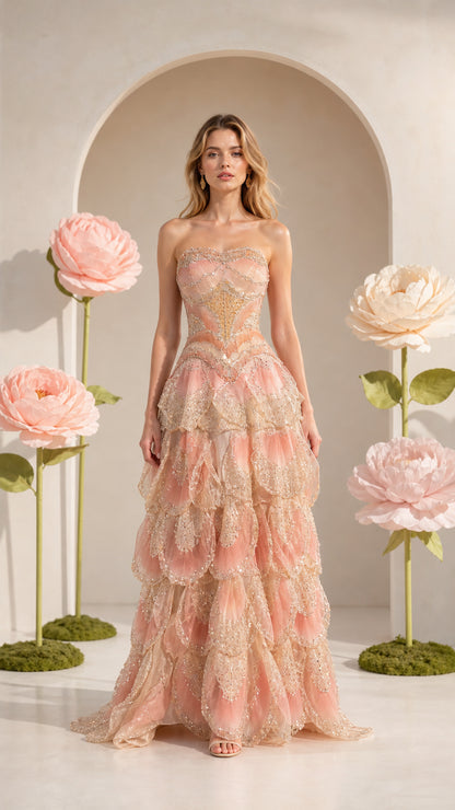 Full front view of strapless tiered tulle evening gown in blush pink with shimmer details