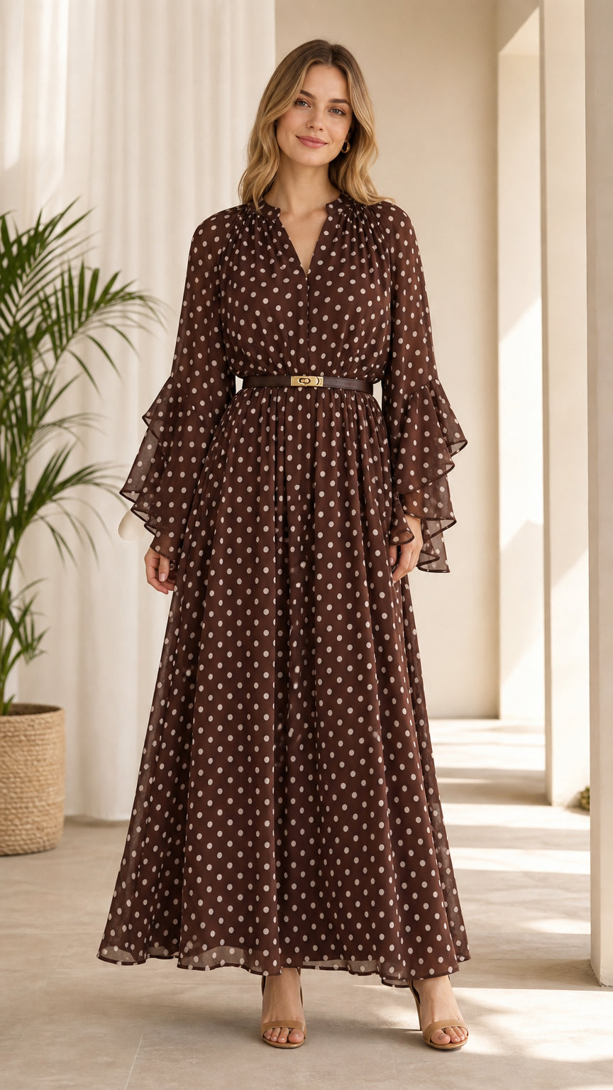Front view of model wearing brown polka dot long sleeve maxi dress with belt