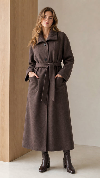 Front view of woman wearing Dark Brown maxi longline belted wool coat with ribbed collar