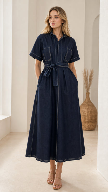 Front view of woman wearing dark blue short sleeve contrast stitch belted midi shirt dress