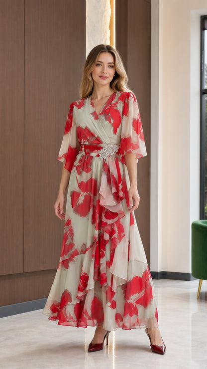 Front full-length view of Ivory floral surplice maxi dress with crystal waist detail