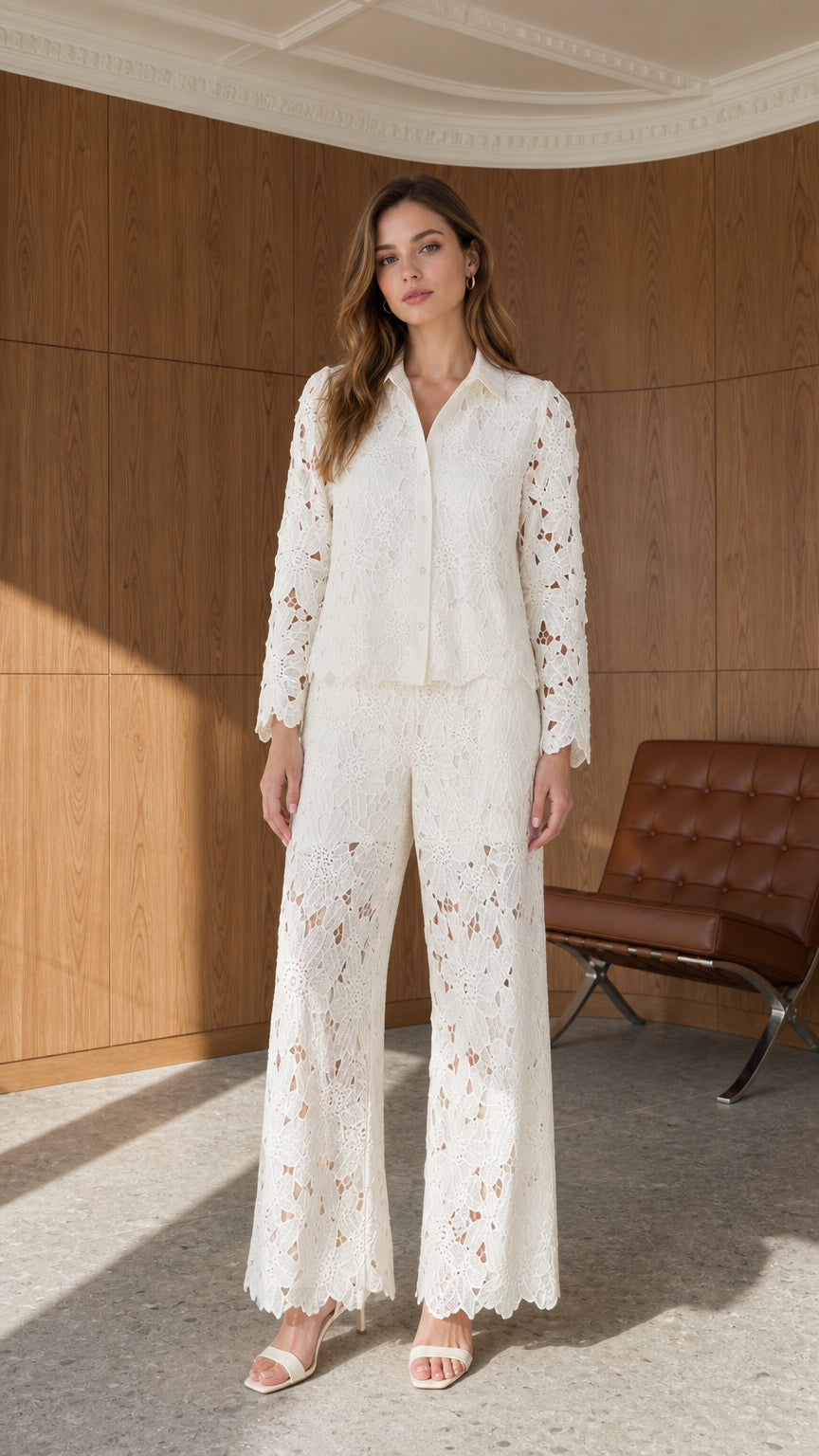 Front full view of ivory floral lace button-down shirt and matching wide leg pants set