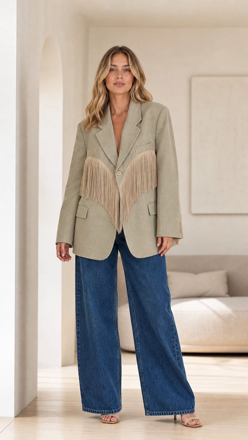 Front full-length view of model wearing Sage Green Western fringe blazer with wide-leg jeans