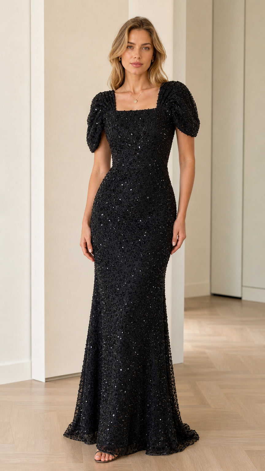 Front view of model wearing black square neck puff sleeve sequin maxi evening gown