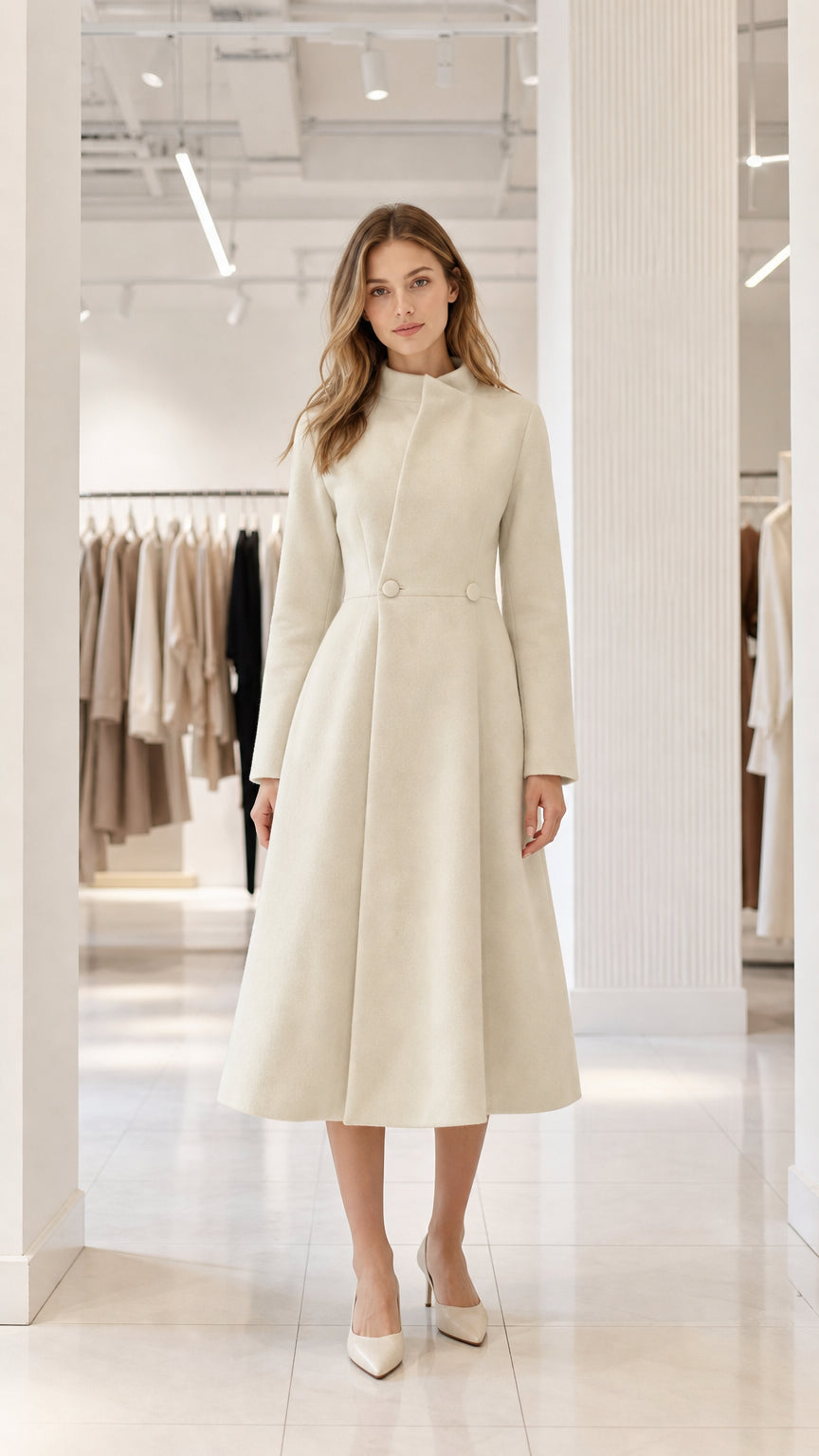 Cream stand-collar A-line midi dress coat front view on model