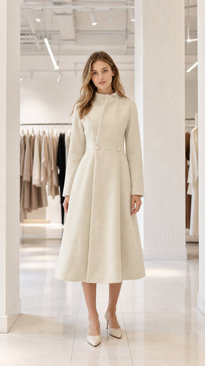 Cream stand-collar A-line midi dress coat front view on model
