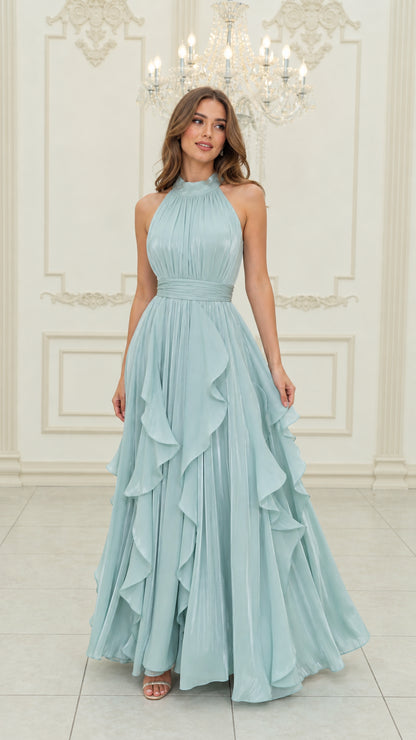 Front view of light blue halter neck pleated maxi dress with cascading ruffles