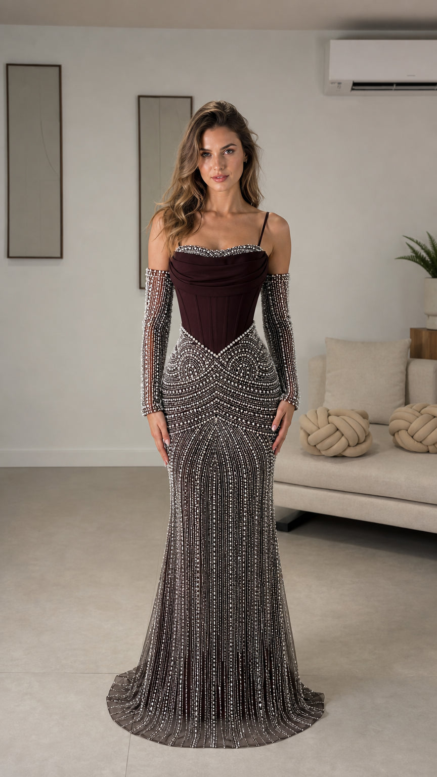 Burgundy beaded mermaid evening gown with draped corset bodice and matching sleeves - Front view