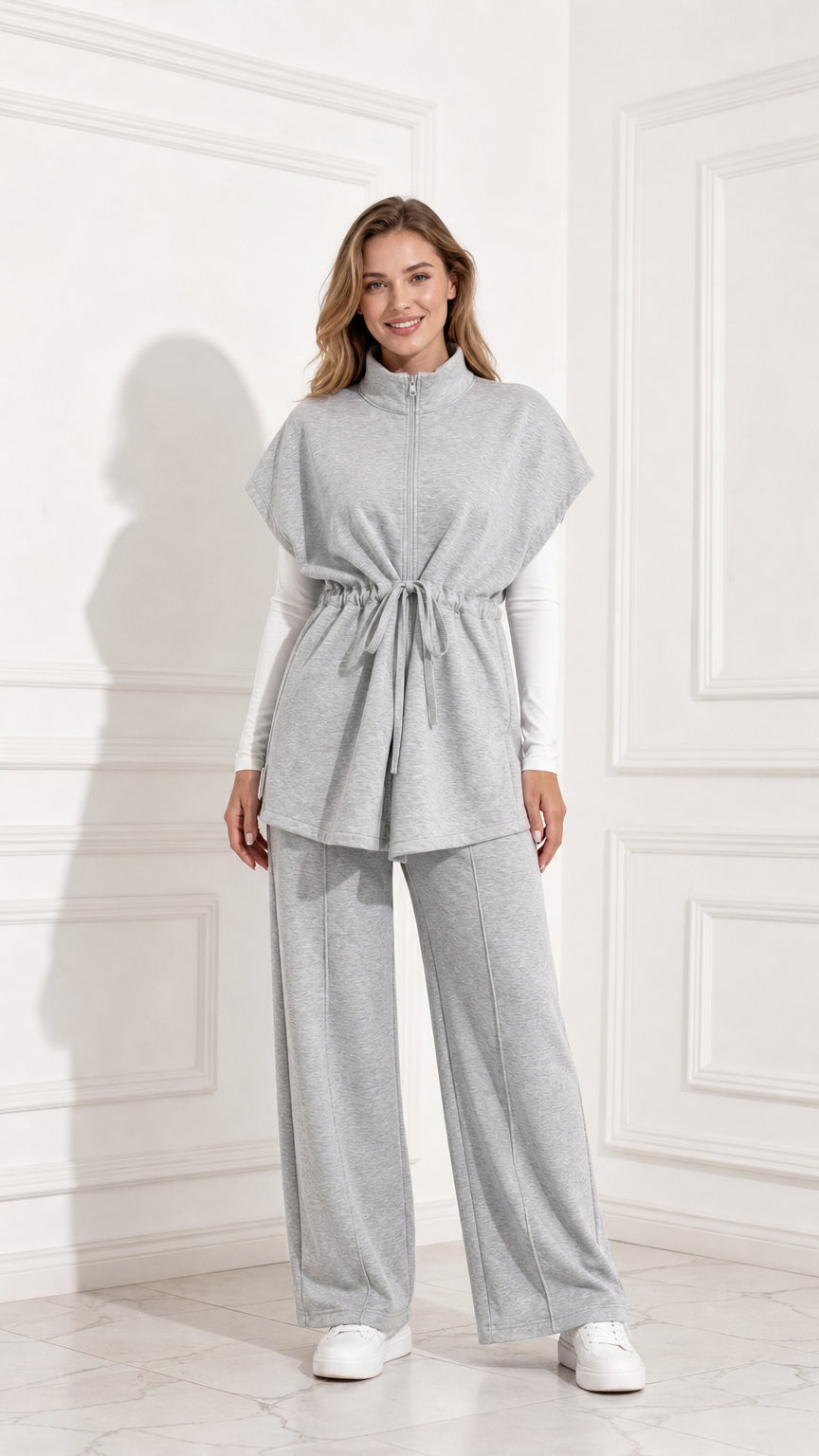 Front full view of women's heather grey 2-piece mock neck tunic top and wide-leg pants lounge set