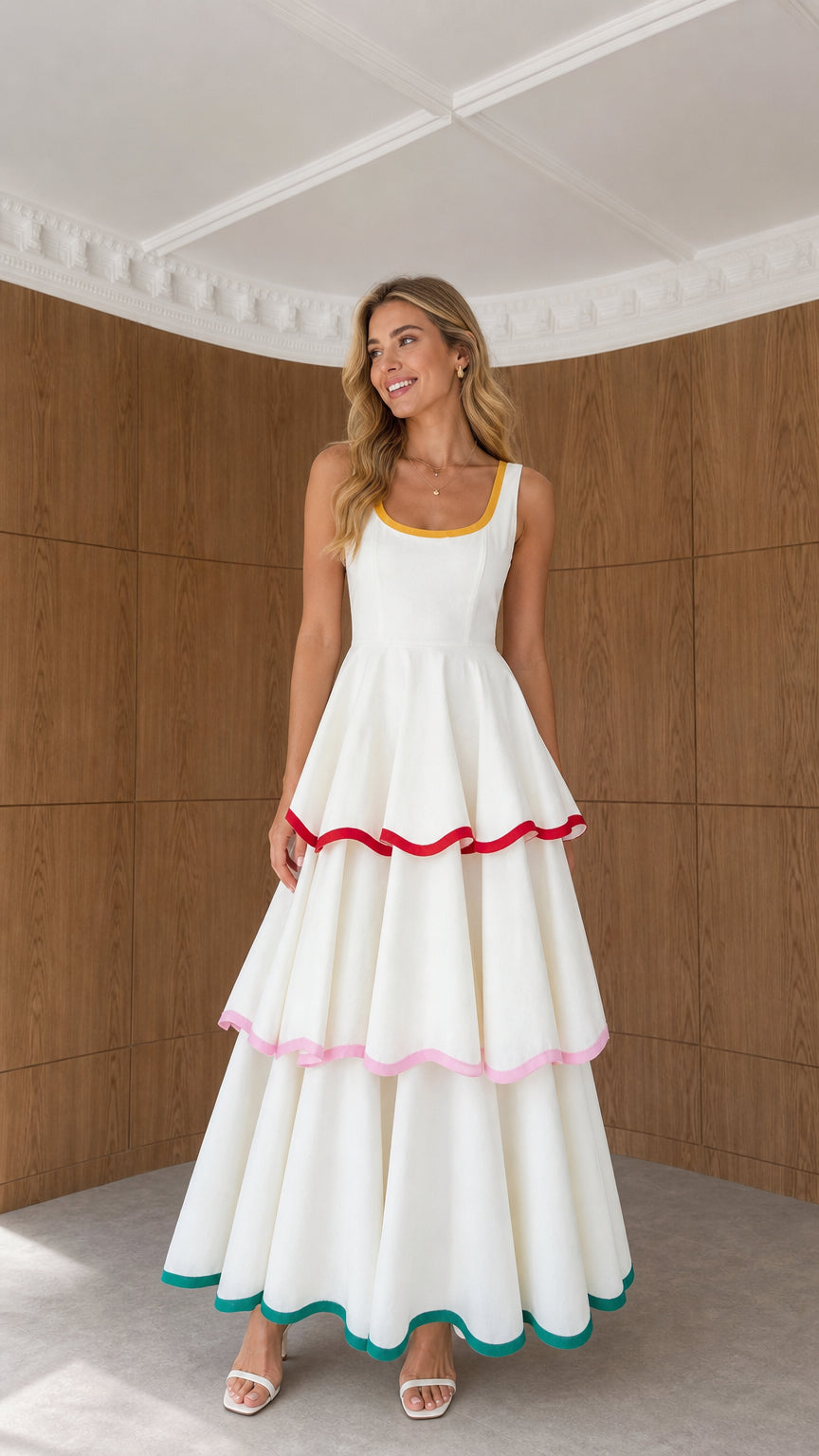 Front view of model wearing white sleeveless tiered maxi dress with colorful ribbon trims