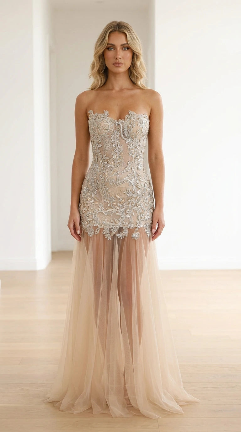 Champagne strapless floral embellished corset maxi gown with sheer tulle skirt front view