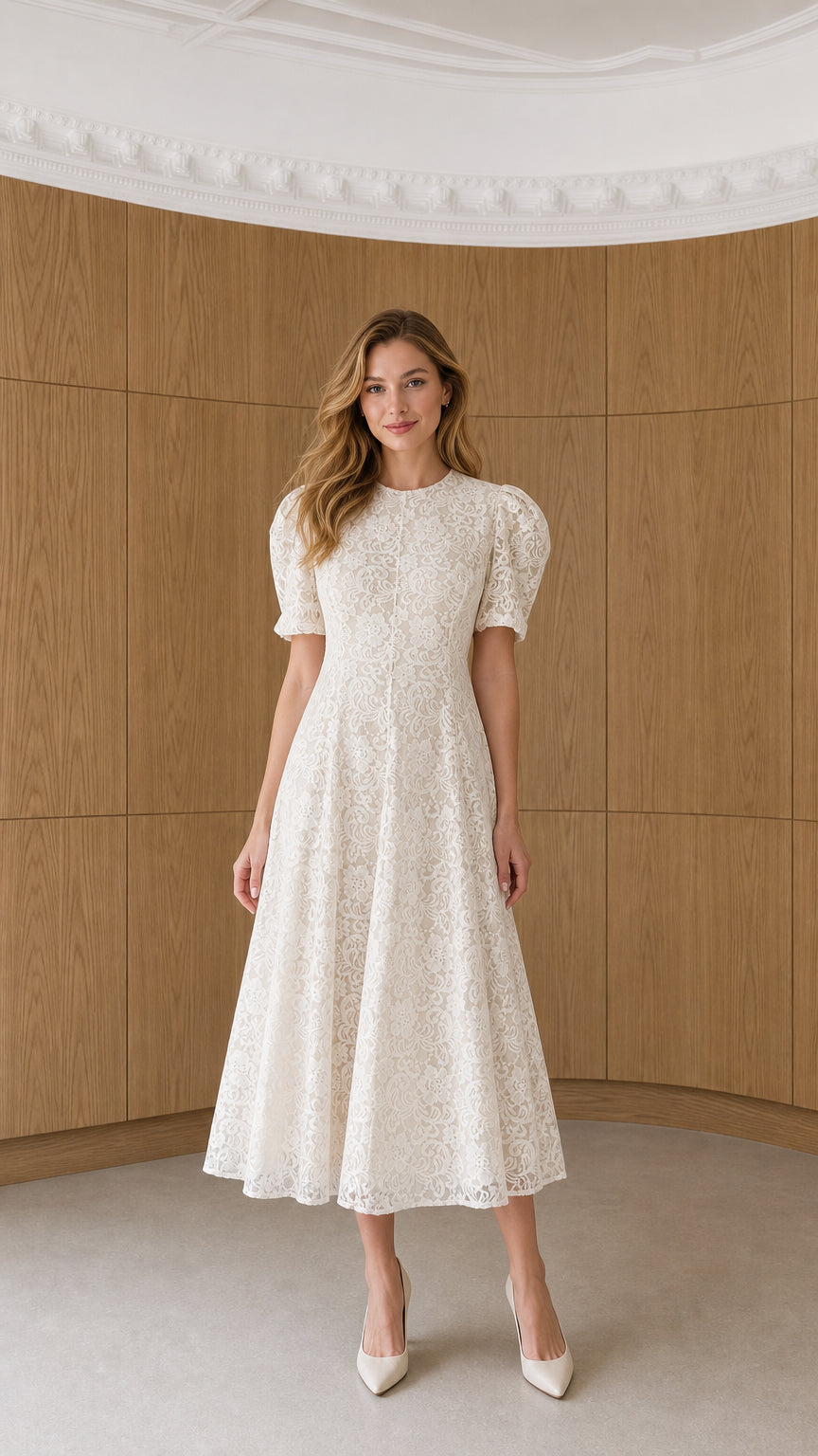 Front view of model wearing white floral lace puff sleeve A-line midi dress