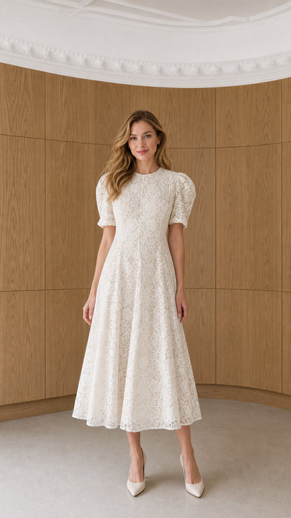 Front view of model wearing white floral lace puff sleeve A-line midi dress