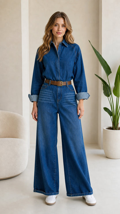 Front view of woman wearing Medium Blue wide leg denim jumpsuit with brown belt
